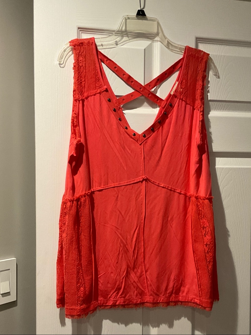 POL Coral Red Lace-Detail Crisscross V-Neck Tank